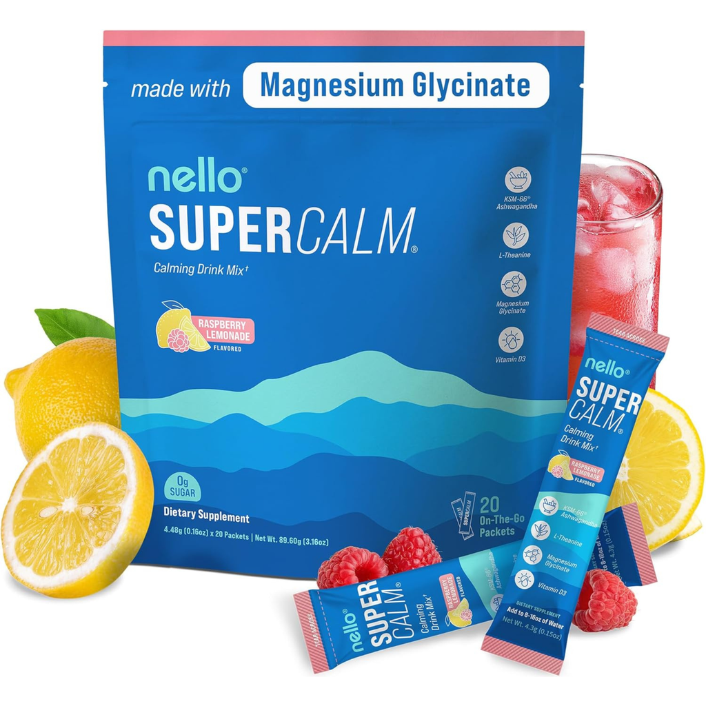 nello Super Calm supplement package with lemons and a glass of lemonade | Pharmaelegance