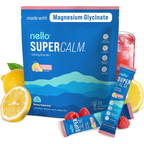 nello Super Calm supplement package with lemons and a glass of lemonade | Pharmaelegance