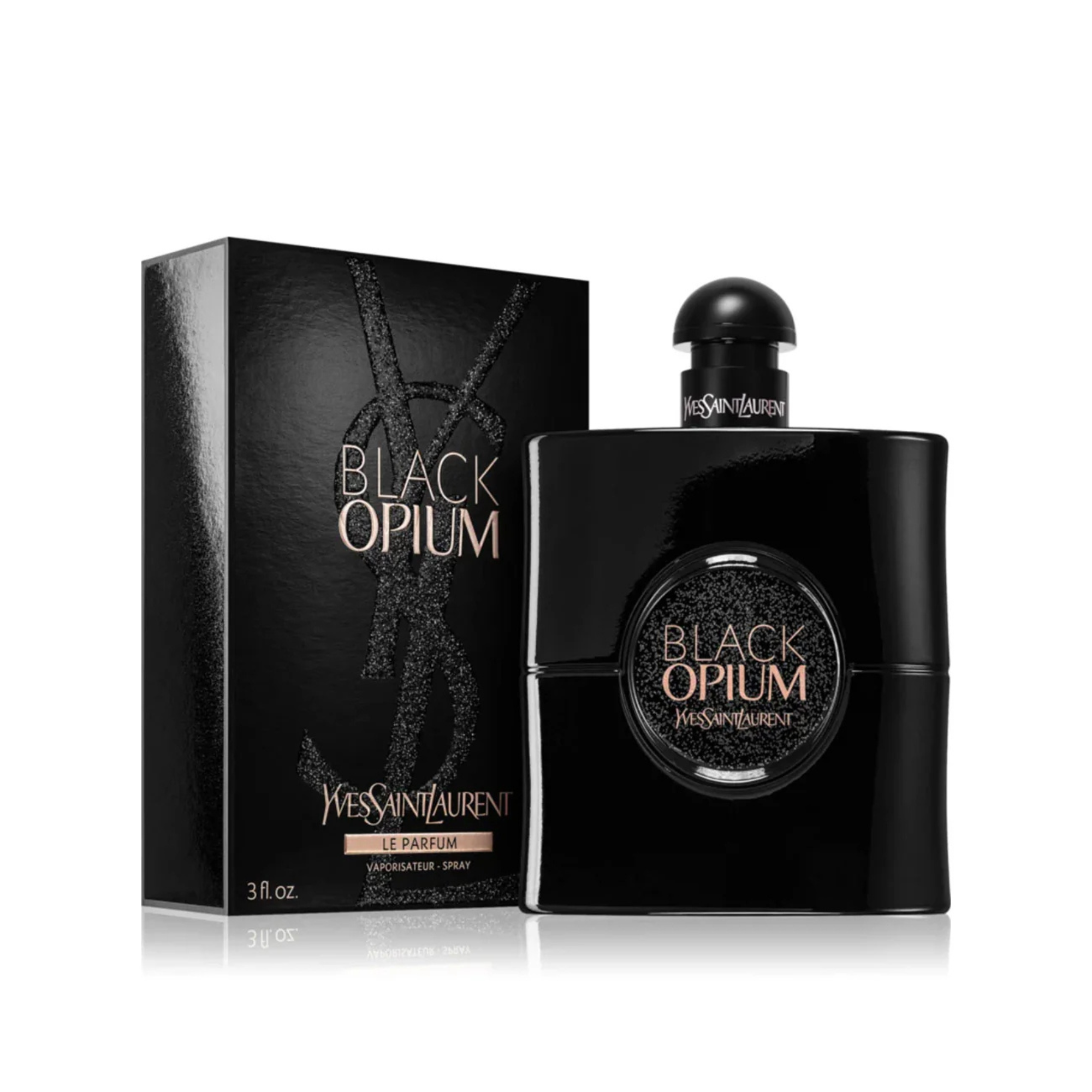 Yves Saint Laurent Black Opium perfume bottle and packaging on a white background