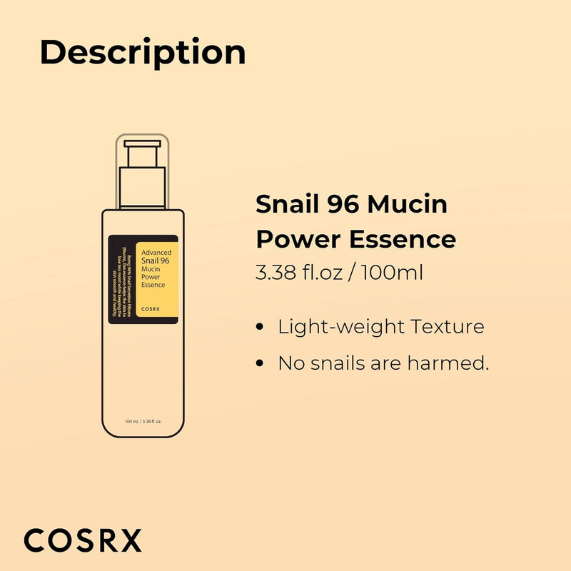 COSRX Snail Mucin 96% Power Repairing Essence 100ml, Hydrating Serum for Face with Snail Secretion Filtrate for Dull Skin & Fine Lines, Korean Skin Care
