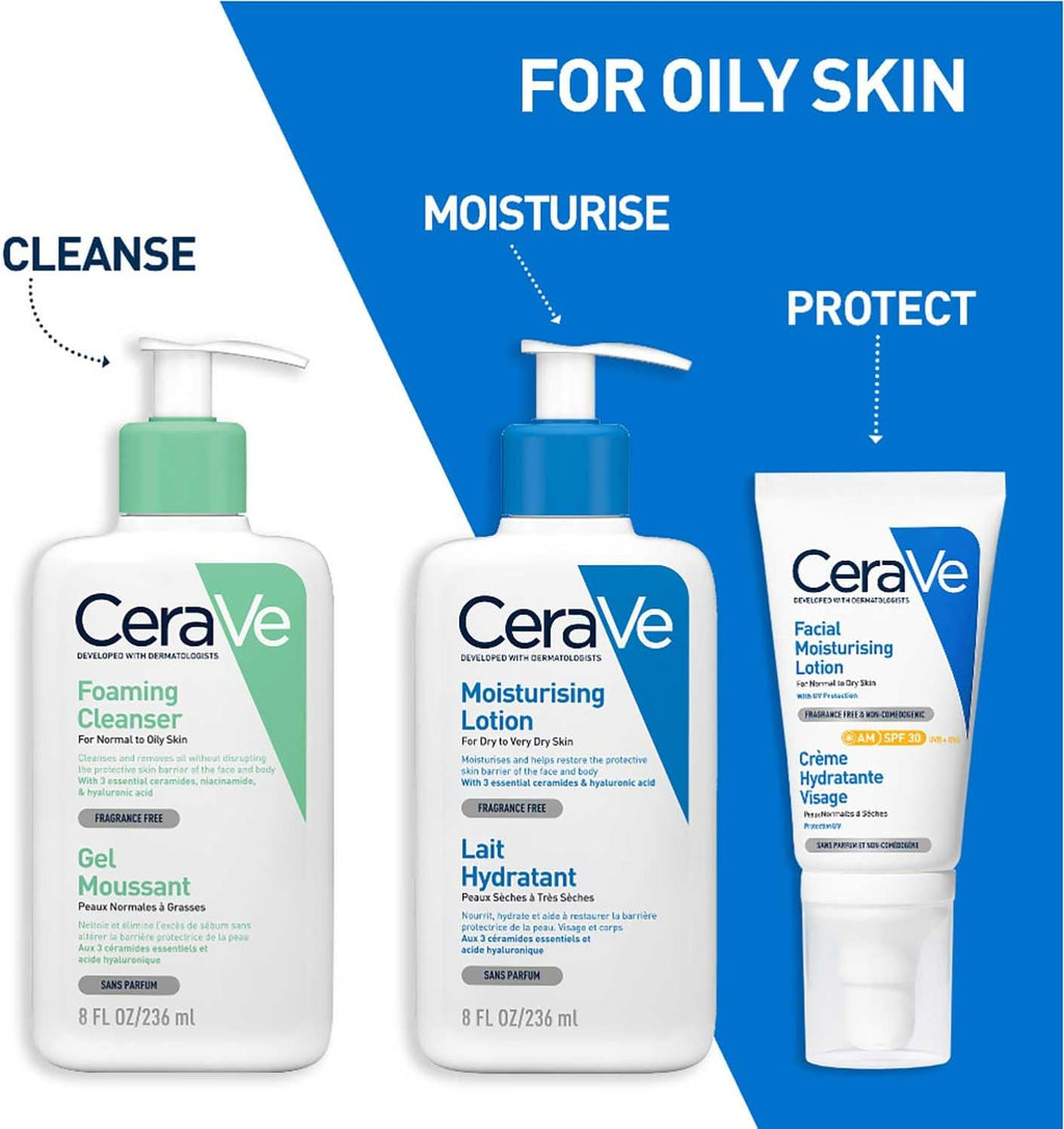 CeraVe skincare products for oily skin on a blue and white background