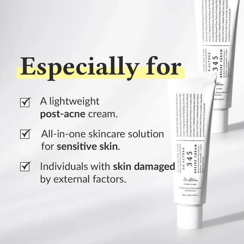 Dr.Althea 345 Relief Cream | Daily Face Moisturizer for Blemish Relief | Soothing & Hydrating with Niacinamide + Panthenol | Korean Vegan Skincare for All Skin Types | 50ml