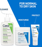 CeraVe skincare products for normal to dry skin on a blue background