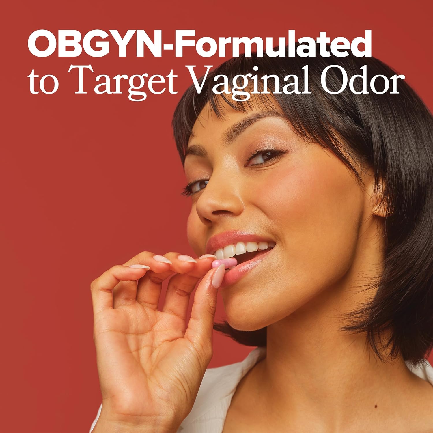 Woman applying a product to her lips with text 'OBGYN-Formulated to Target Vaginal Odor' on a red background