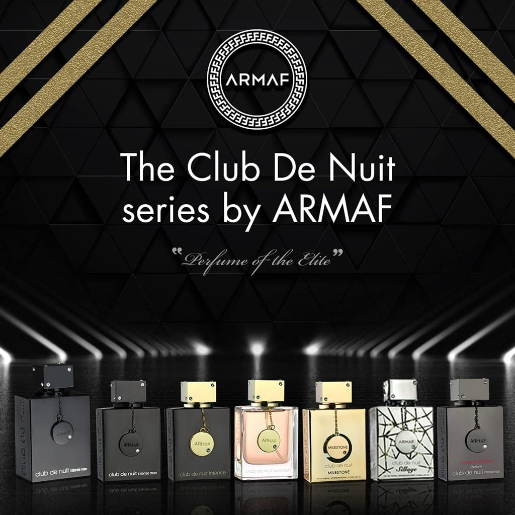 ARMAF The Club De Nuit series of perfume bottles on a dark background with brand logo.
