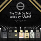 ARMAF The Club De Nuit series of perfume bottles on a dark background with brand logo.