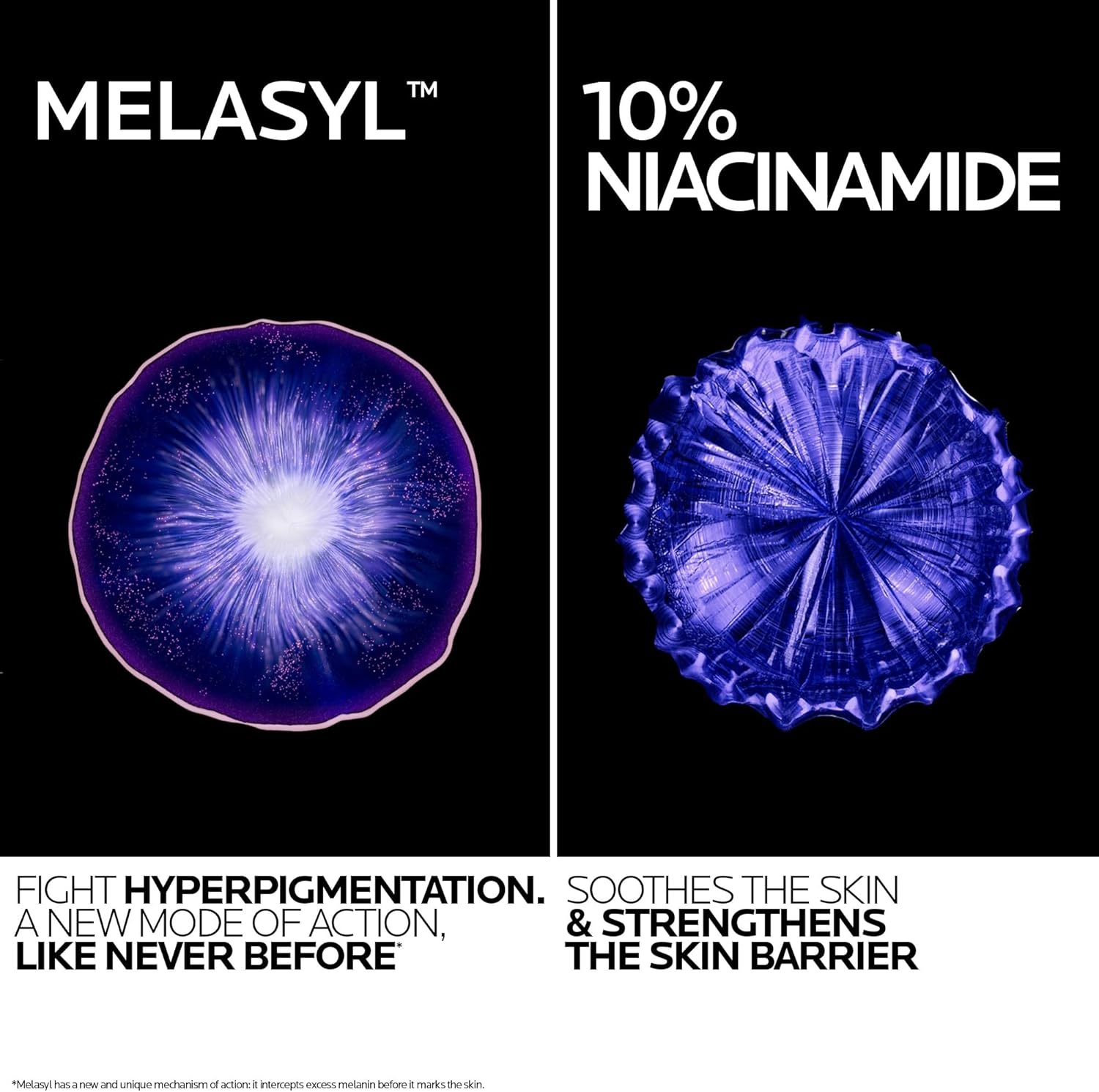 Advertisement for Melasyl with blue circular graphics and text about niacinamide benefits on a black background.