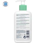 Back view of a skincare product bottle with text and a dermatologist recommendation badge.