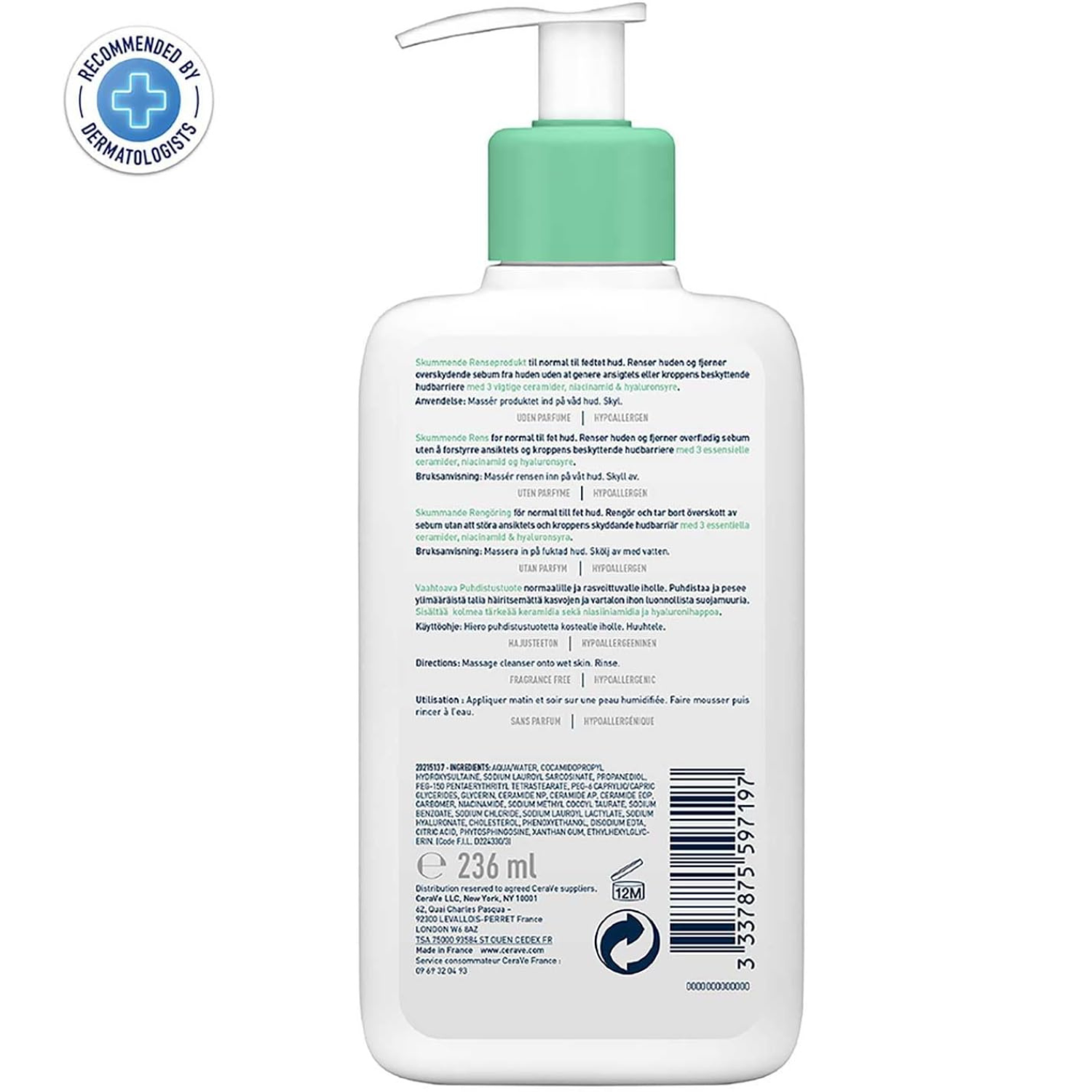 Back view of a skincare product bottle with text and a dermatologist recommendation badge.