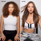 Before and after comparison of a person with curly hair styled straight.