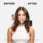 Before and after comparison of a woman's hair with text on a white background