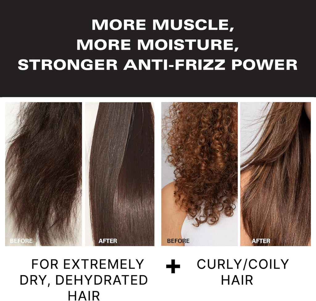 Before and after comparison of hair treatment on dry, dehydrated, and curly/coily hair with text highlighting benefits.