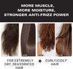 Before and after comparison of hair treatment on dry, dehydrated, and curly/coily hair with text highlighting benefits.