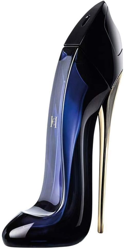 Black high-heeled shoe with gold heel on a white background good girl perfume