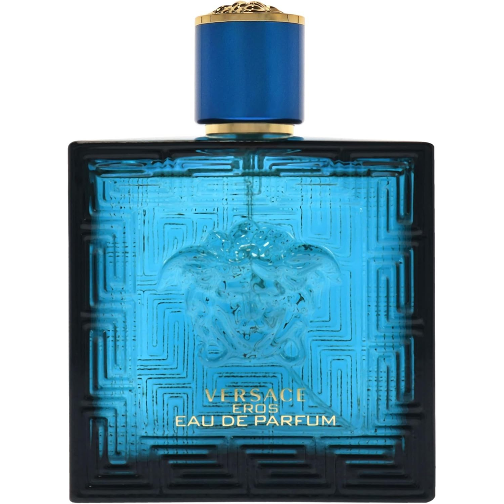 Blue Versace Eros Eau de Parfum bottle on a white background