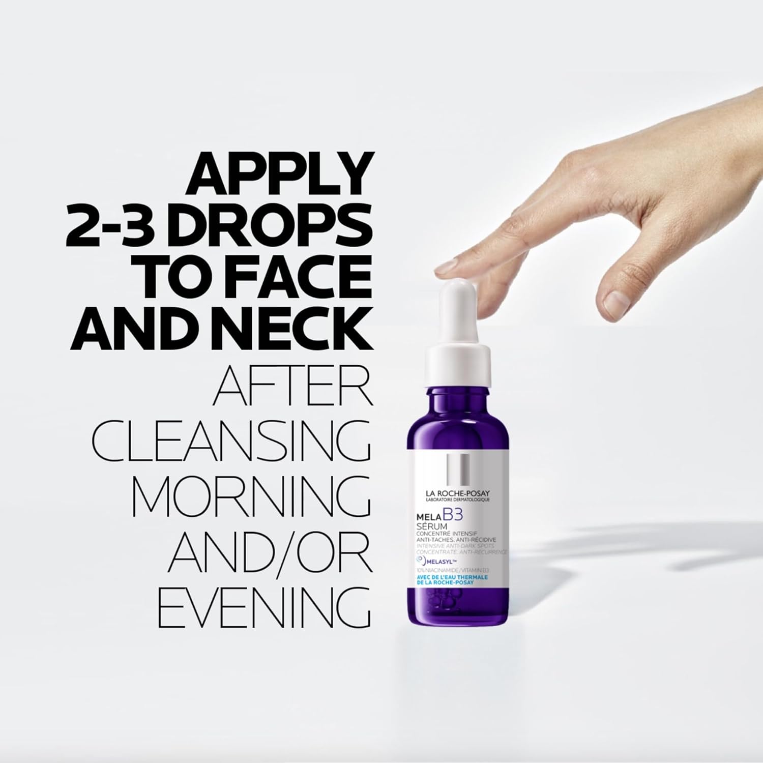 Bottle of La Roche-Posay Melanistin serum with text on how to use it