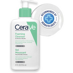 CeraVe Foaming Cleanser bottle with a recommended by dermatologists badge on a white background