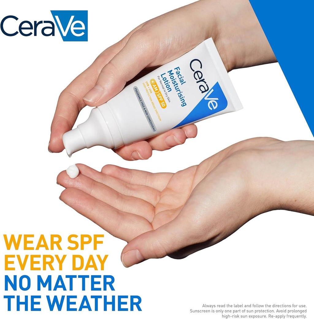 CeraVe facial moisturizing lotion being applied to a hand with promotional text.