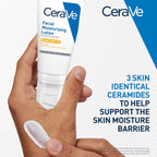 CeraVe facial moisturizing lotion being applied to a hand with text highlighting ceramides.
