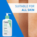 CeraVe foaming cleanser bottle with skin color swatches and 'Suitable for all skin' text on a blue background
