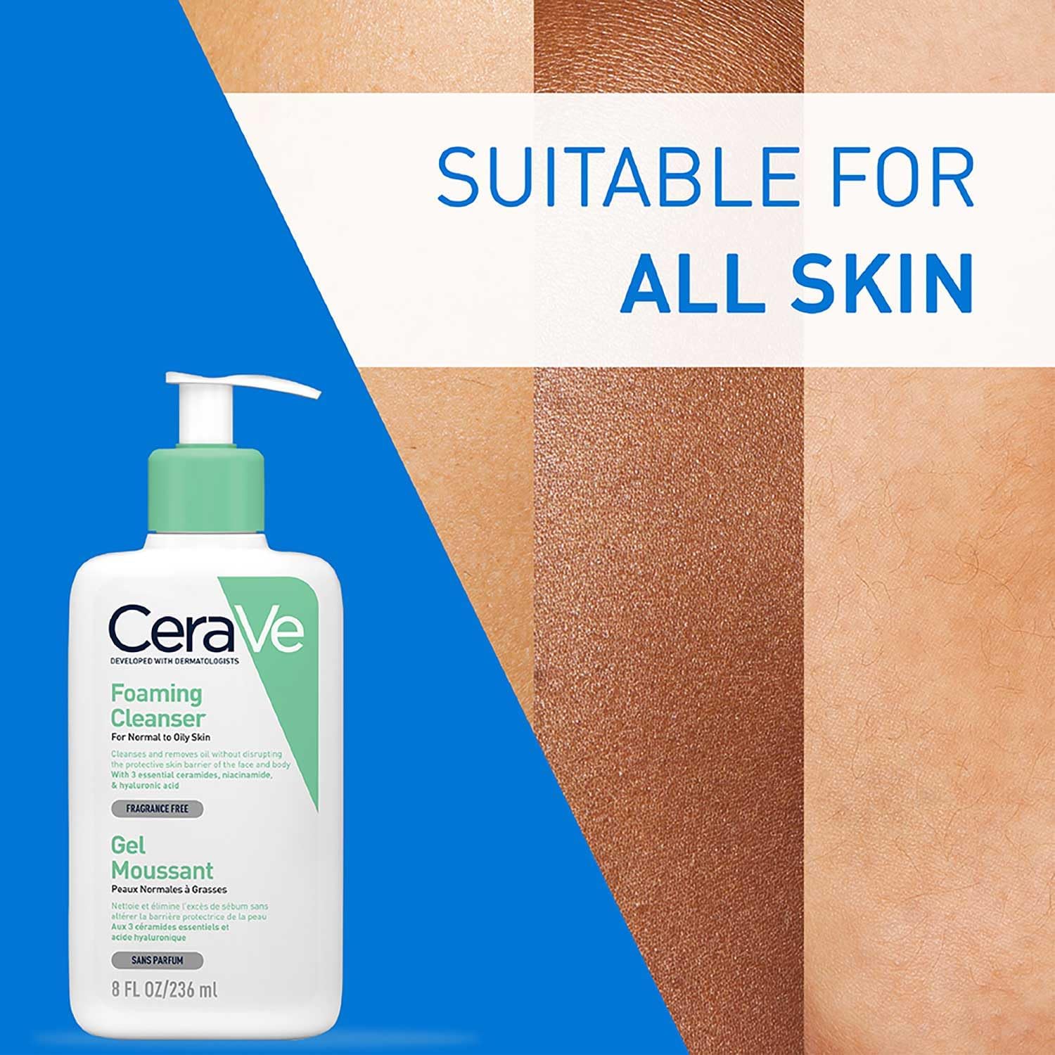 CeraVe foaming cleanser bottle with skin color swatches and 'Suitable for all skin' text on a blue background