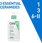 CeraVe foaming cleanser bottle with text highlighting '3 Essential Ceramides' on a blue and white background.