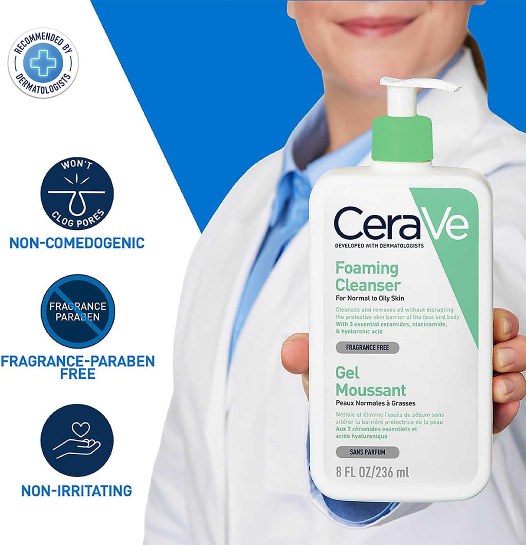 CeraVe foaming cleanser held by a person in a white coat with product features highlighted.