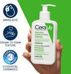 CeraVe hydrating cream-to-foam cleanser held in a hand with product features highlighted.