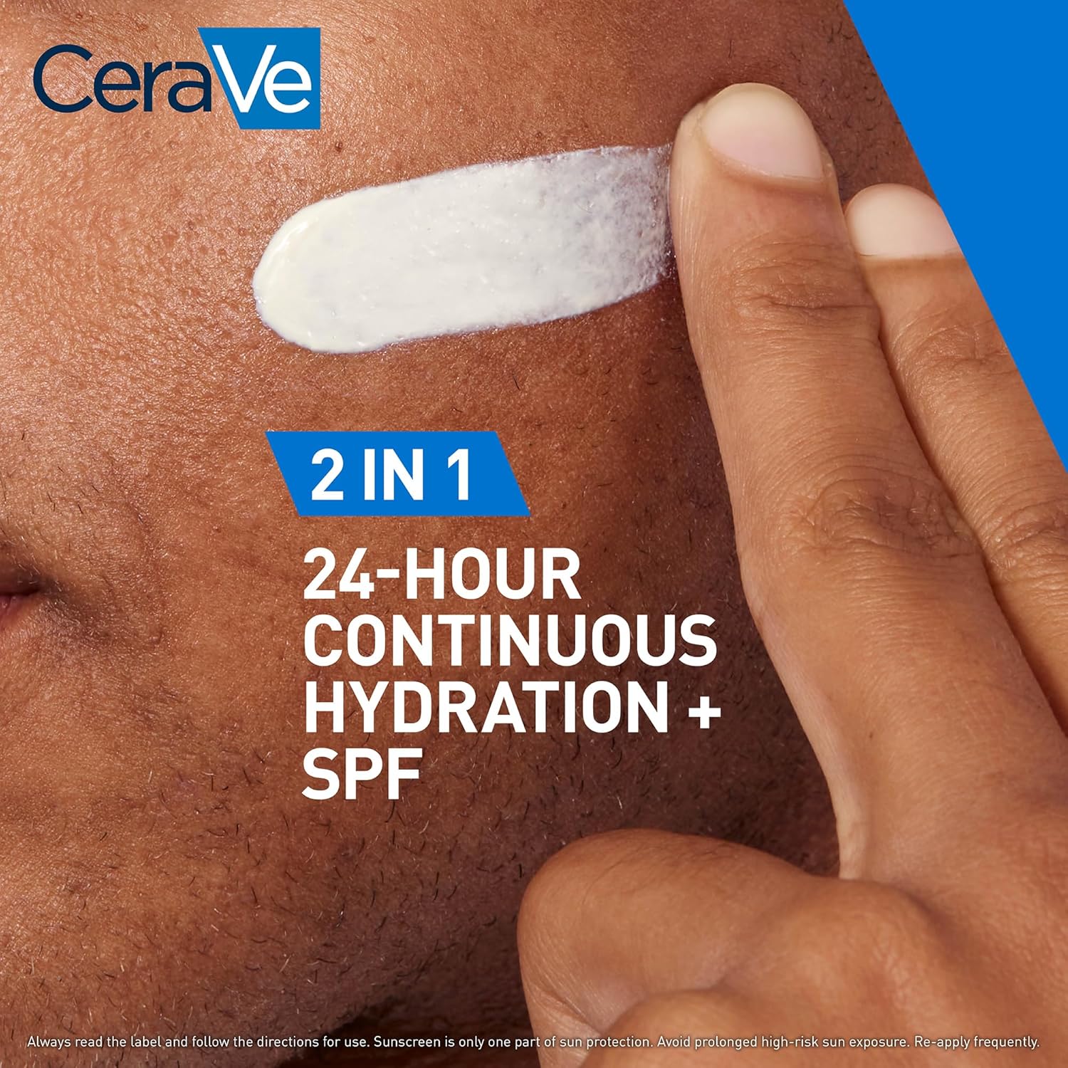CeraVe sunscreen application on skin with text highlighting features