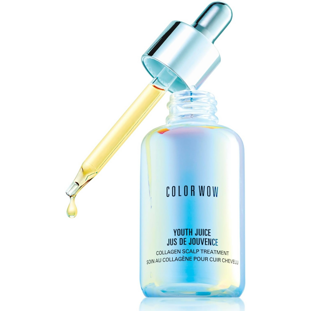 Color Wow Youth Juice collagen scalp treatment bottle with dropper on a white background