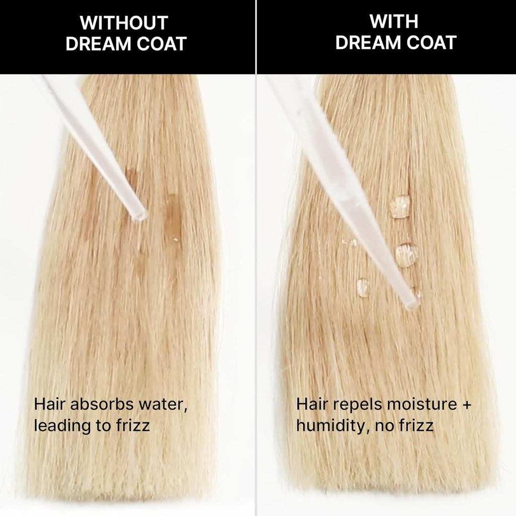 Comparison of hair with and without a 'Dream Coat' product, showing water absorption and moisture repelling effects.