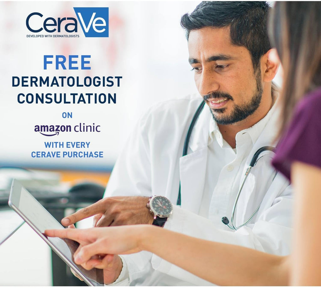 Doctor using a tablet with CeraVe advertisement on a white background