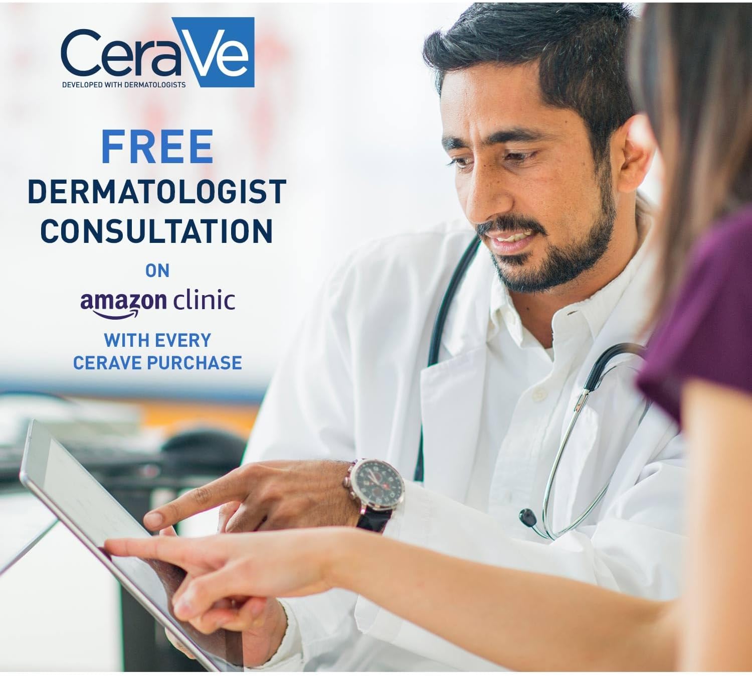 Doctor using a tablet with CeraVe advertisement on a white background