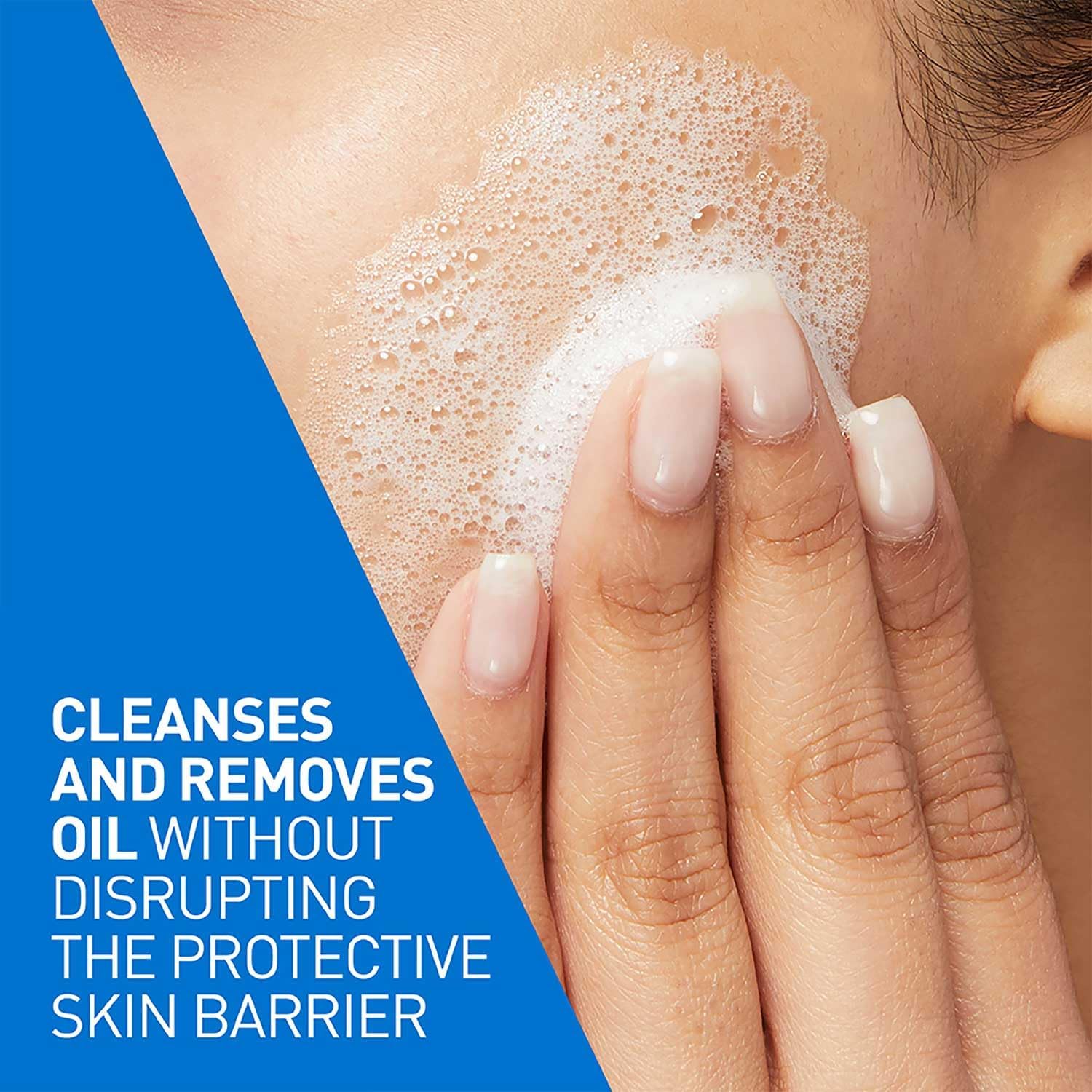 Hand applying a skincare product to skin with text about cleansing and removing oil.