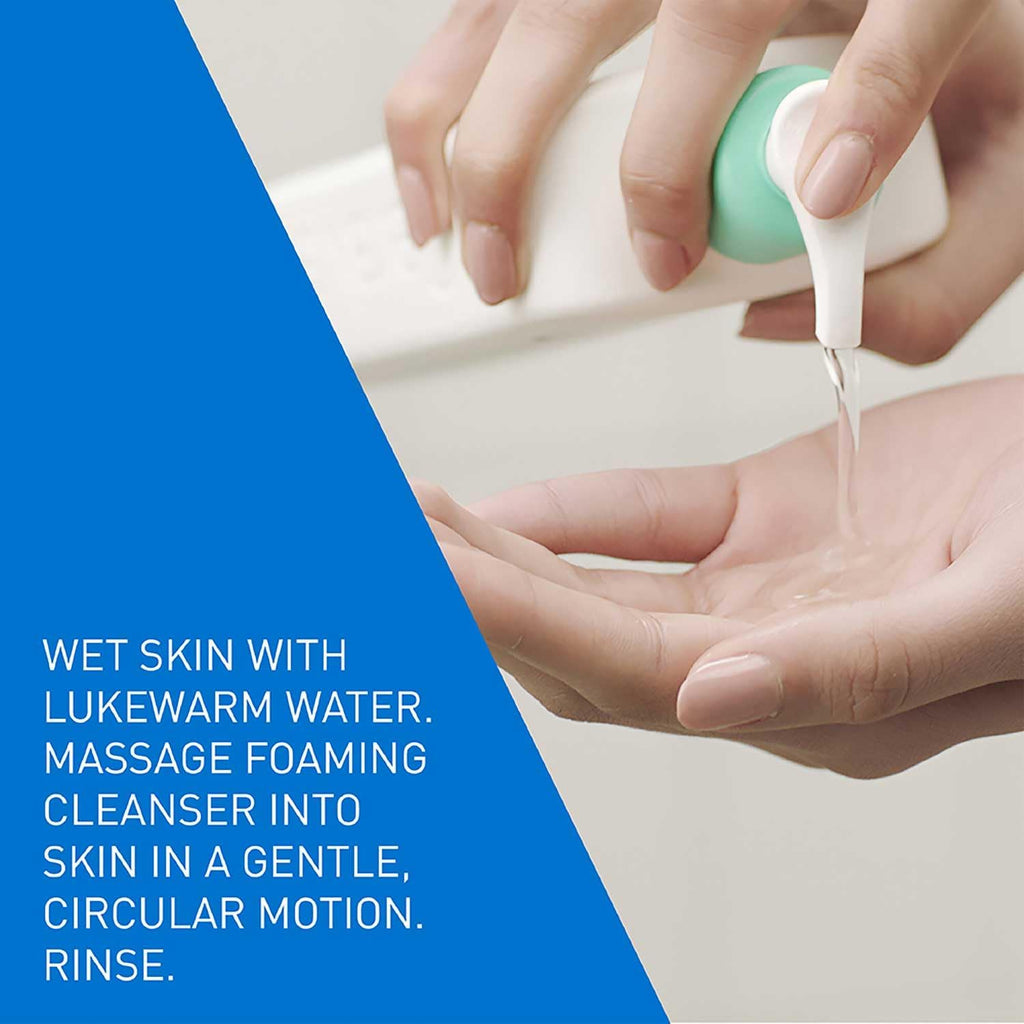 Hand applying foaming cleanser with text instructions on a blue and white background