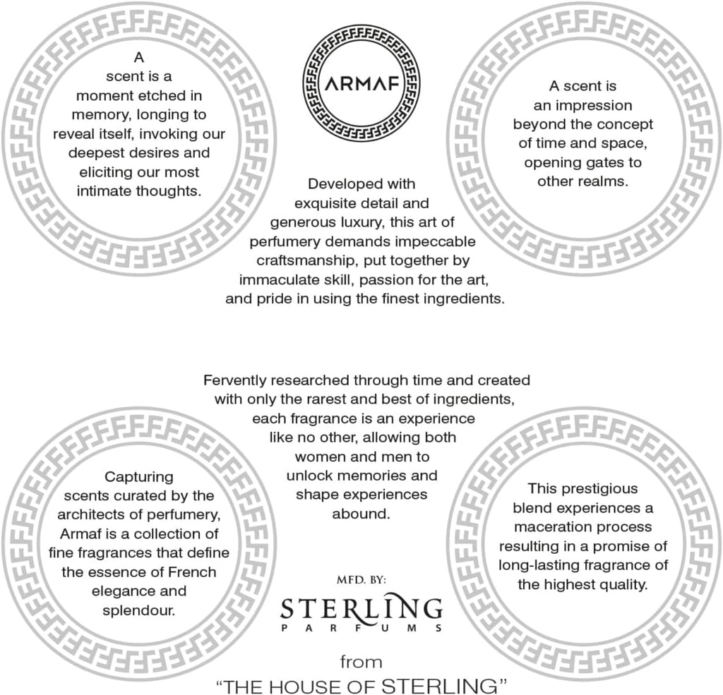 Promotional text for Armaf Sterling Parfums with decorative elements and branding.