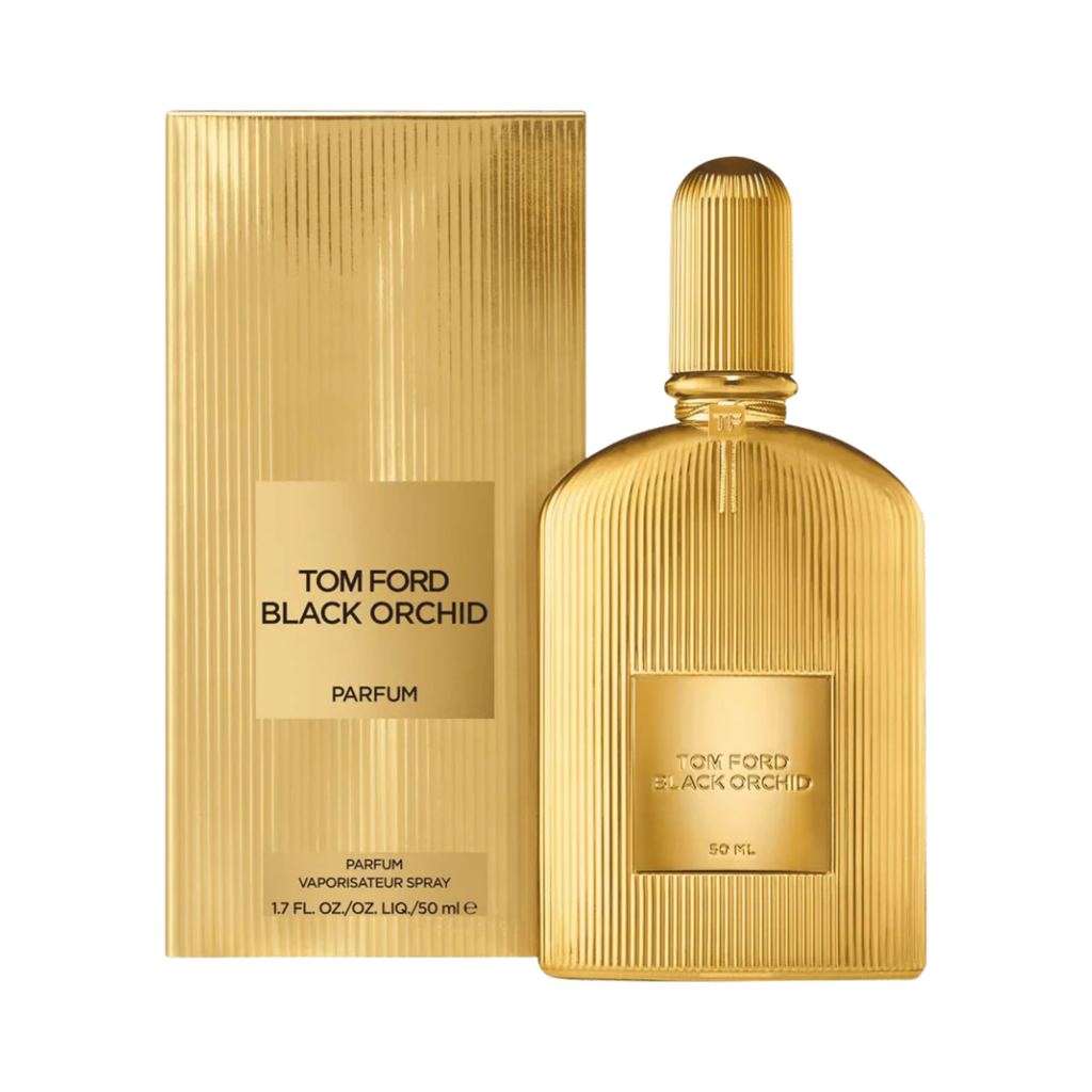 Tom Ford Black Orchid parfum bottle and packaging on a white background