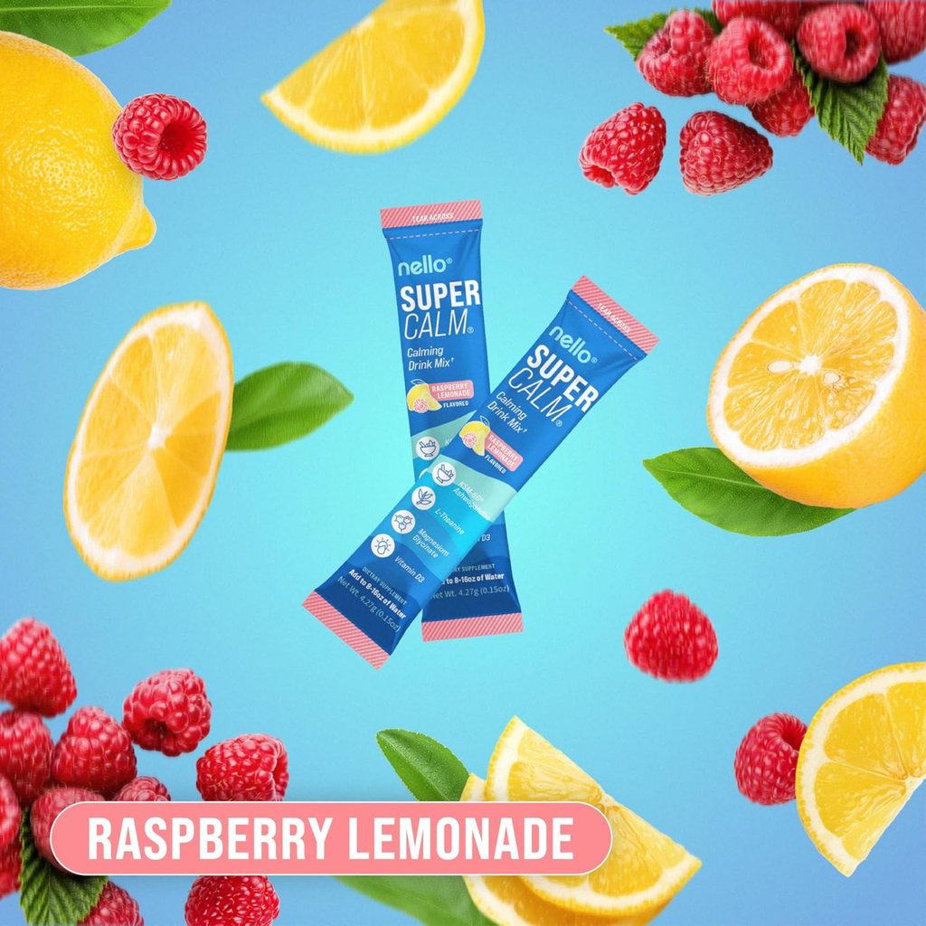 Two packets of 'Super Calm' drink mix surrounded by raspberries and lemon slices | pharmaelegance