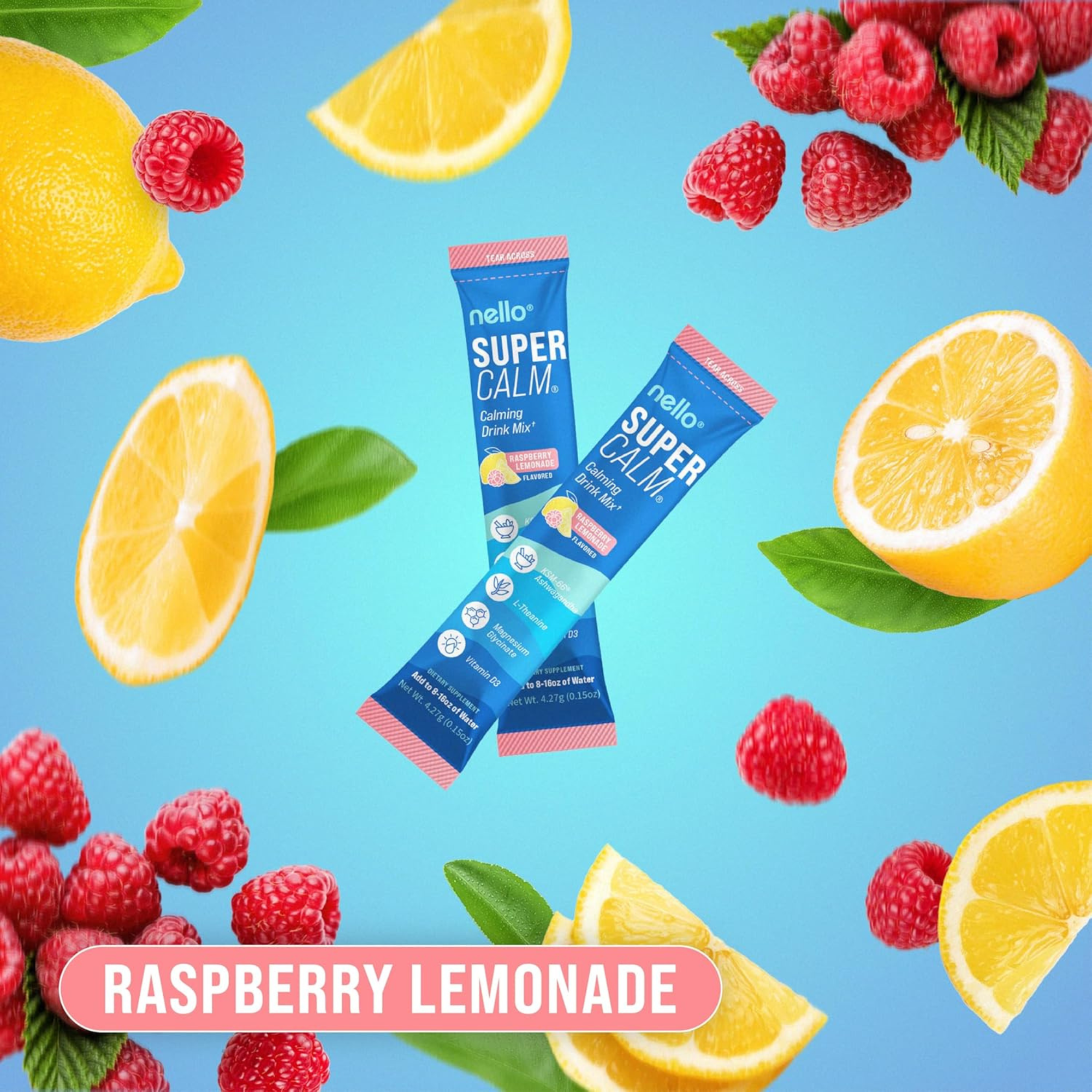Two packets of 'Super Calm' drink mix surrounded by raspberries and lemon slices | pharmaelegance