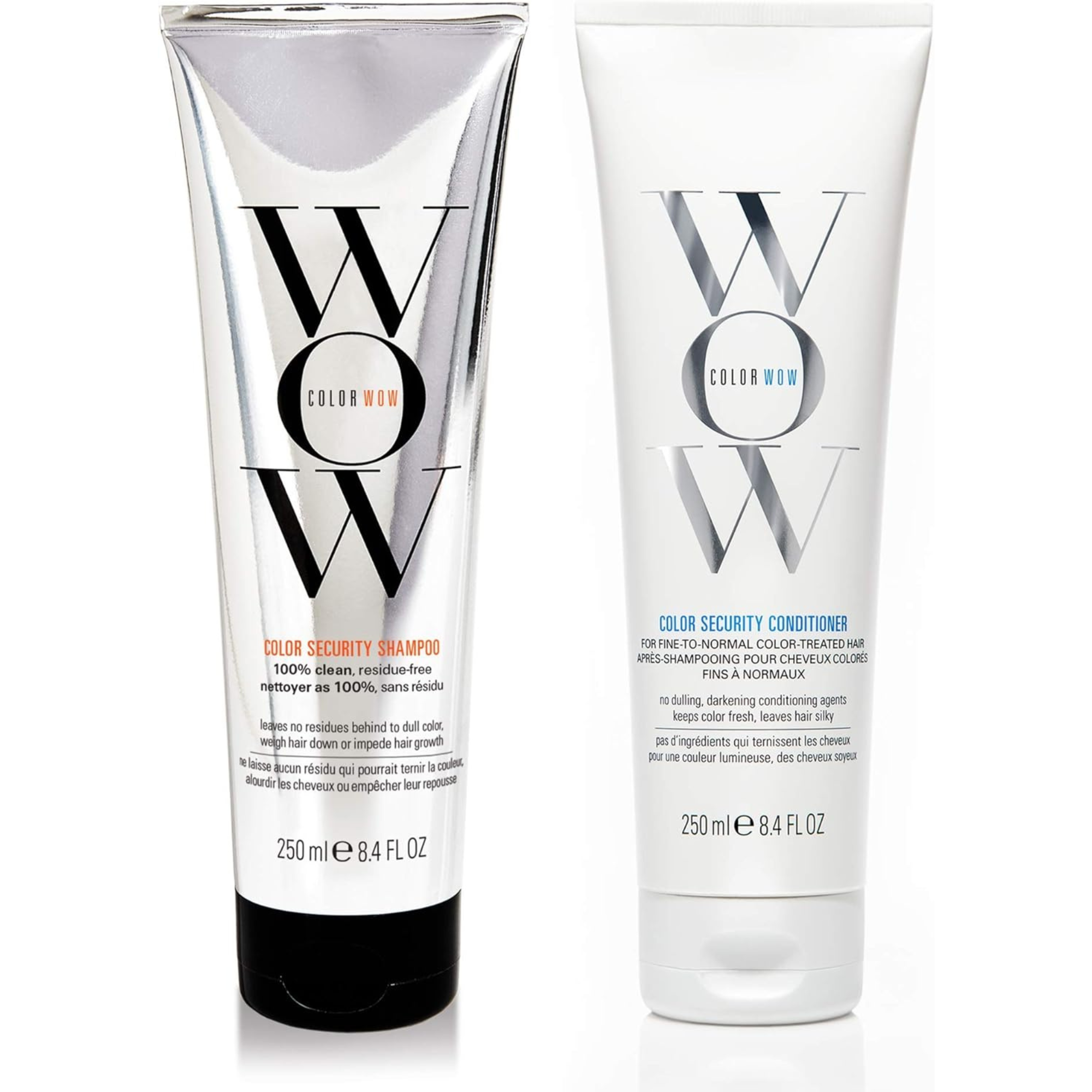 Two bottles of WOW Color Wow Color Security Shampoo and Conditioner | pharmaelegance