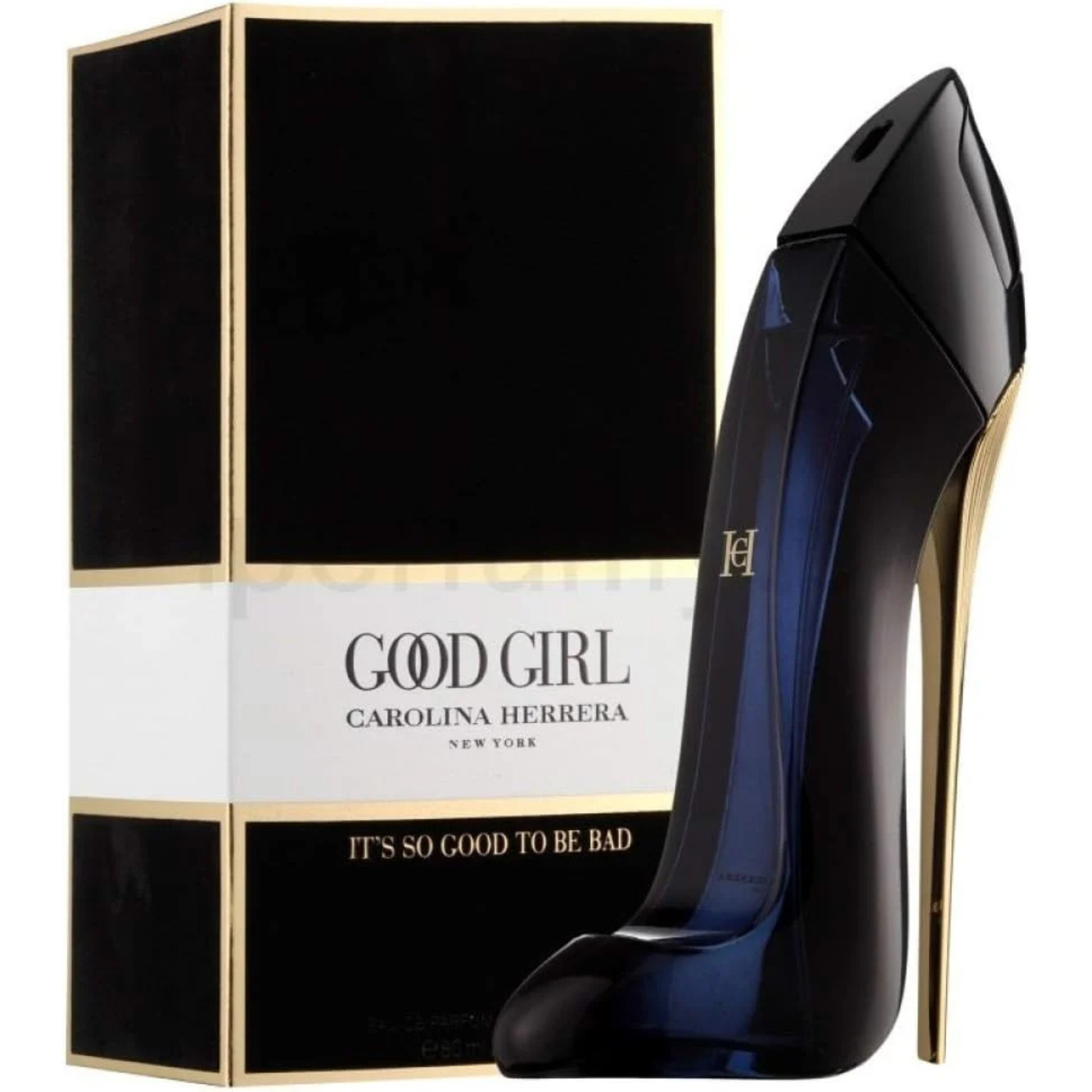 Black high-heeled shoe with gold accents next to Carolina Herrera 'Good Girl' packaging | pharmaelegance