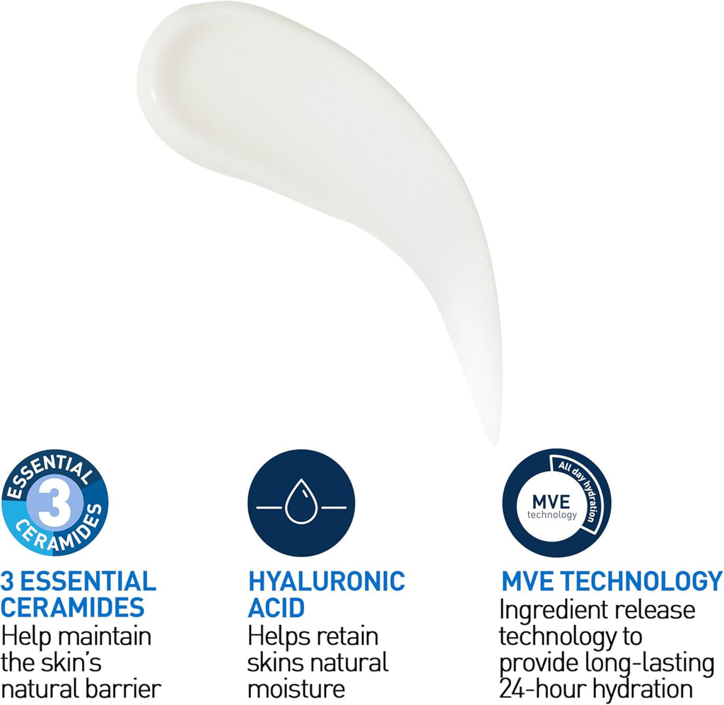 White skincare product with text and icons explaining its ingredients and technology on a white background