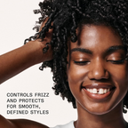 Woman with styled hair against a white background with text about hair product benefits.
