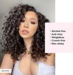 Woman with styled hair and text overlay about hair product features