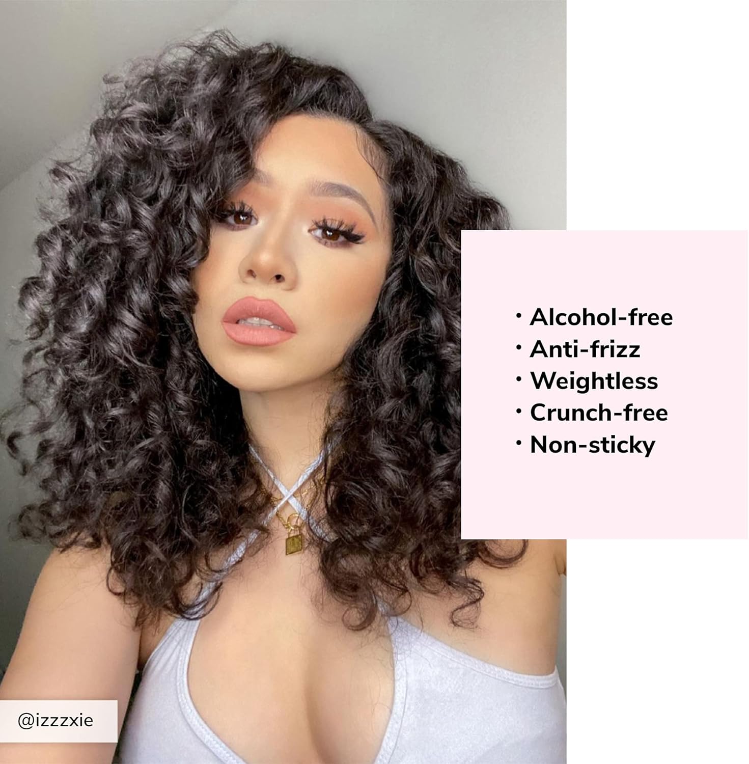 Woman with styled hair and text overlay about hair product features