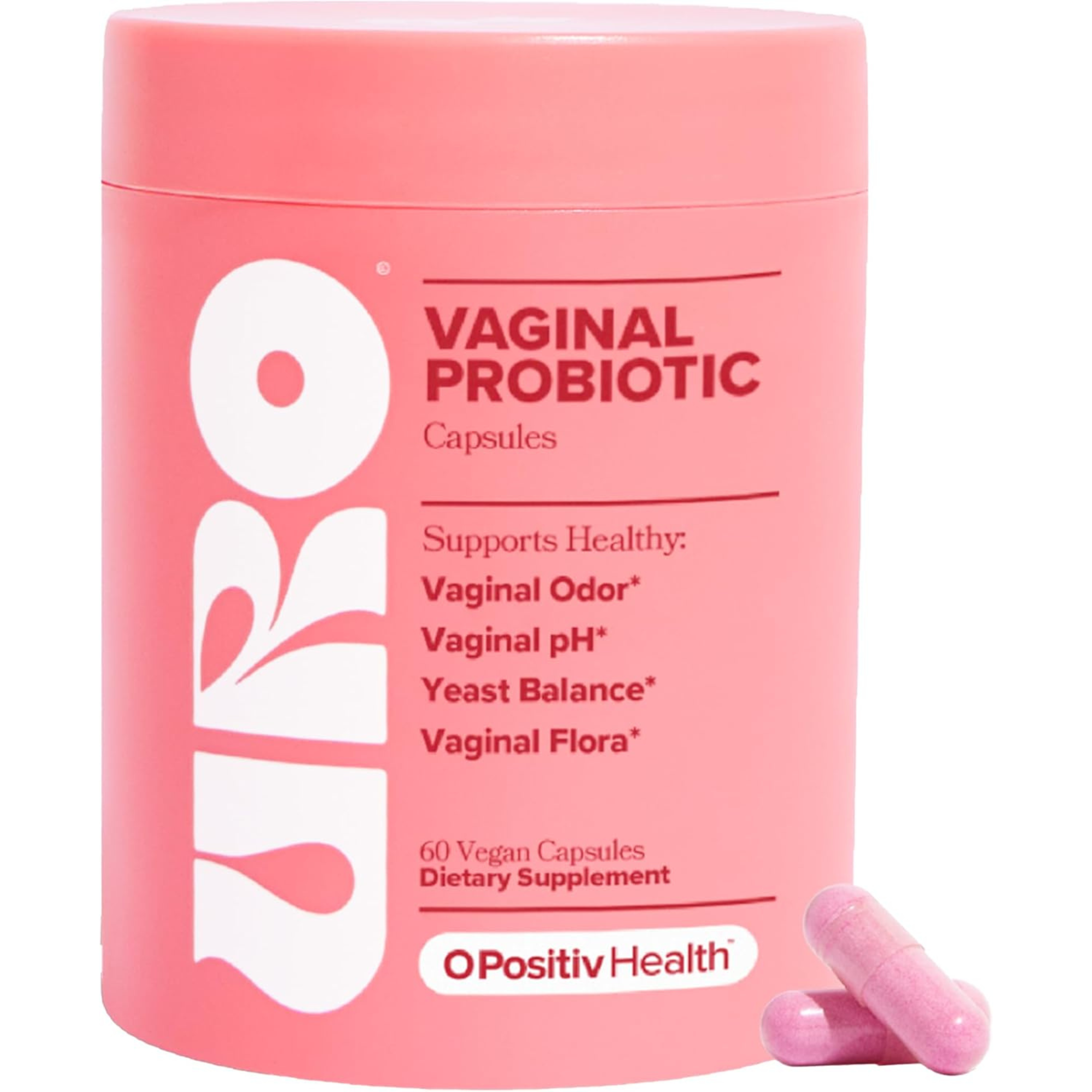 Pink container of O'Positiv Health vaginal probiotic capsules Pink container of probiotics for vaginal health | pharmaelegance